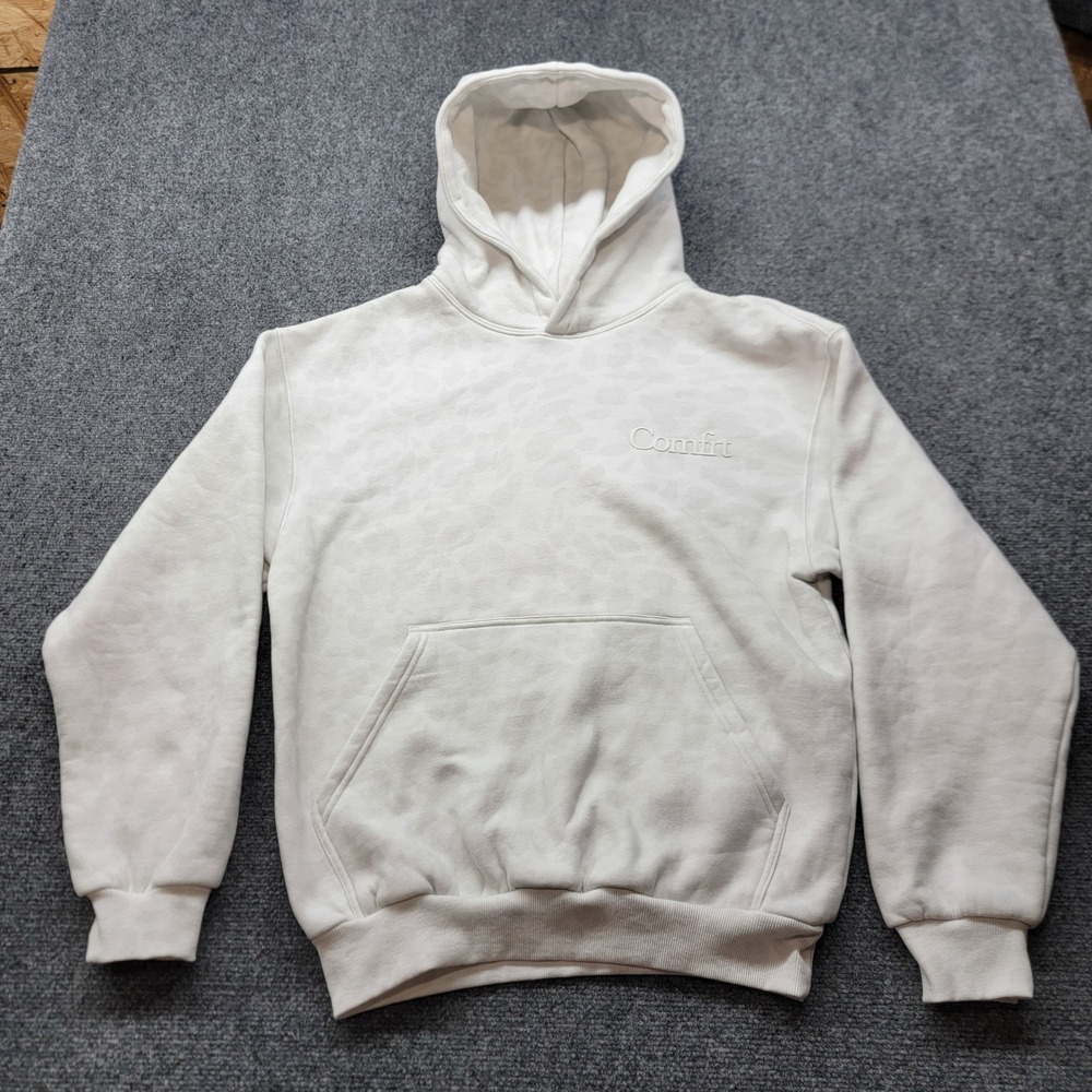 Comfrt White Leopard Print Hoodie Sweatshirt Tonal Logo XS RN170537